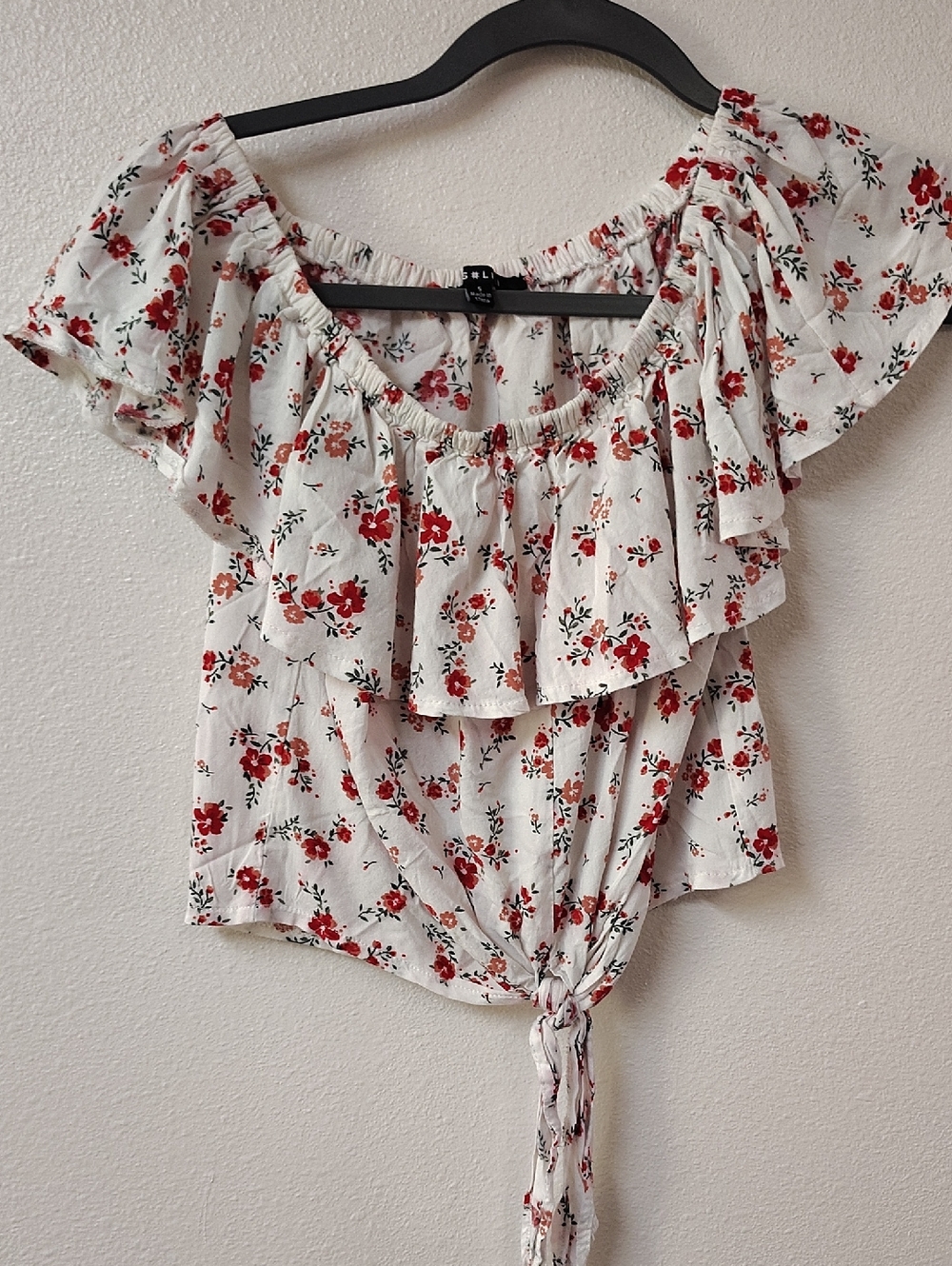 Miss Lili White Off-Shoulder Red Floral Tie-Front Blouse 1419